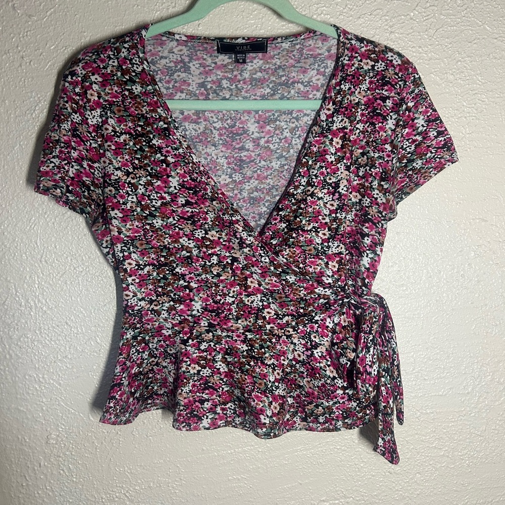 Vibe Pink Floral Wrap Peplum Top